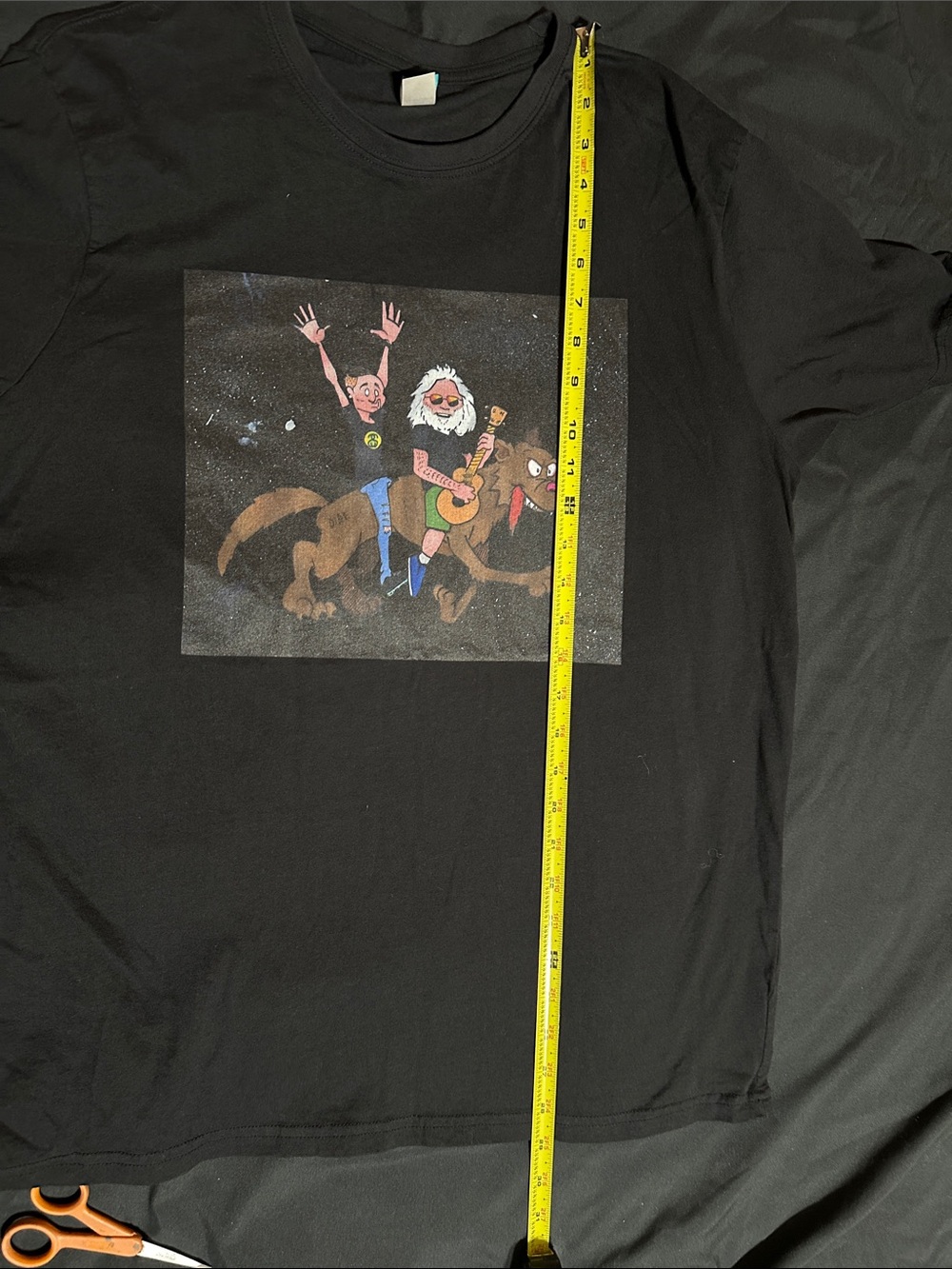 Cartoon Grateful Dead Jerry Garcia Black Graphic T‑Shirt with Wolf Band - Picture 3 of 3